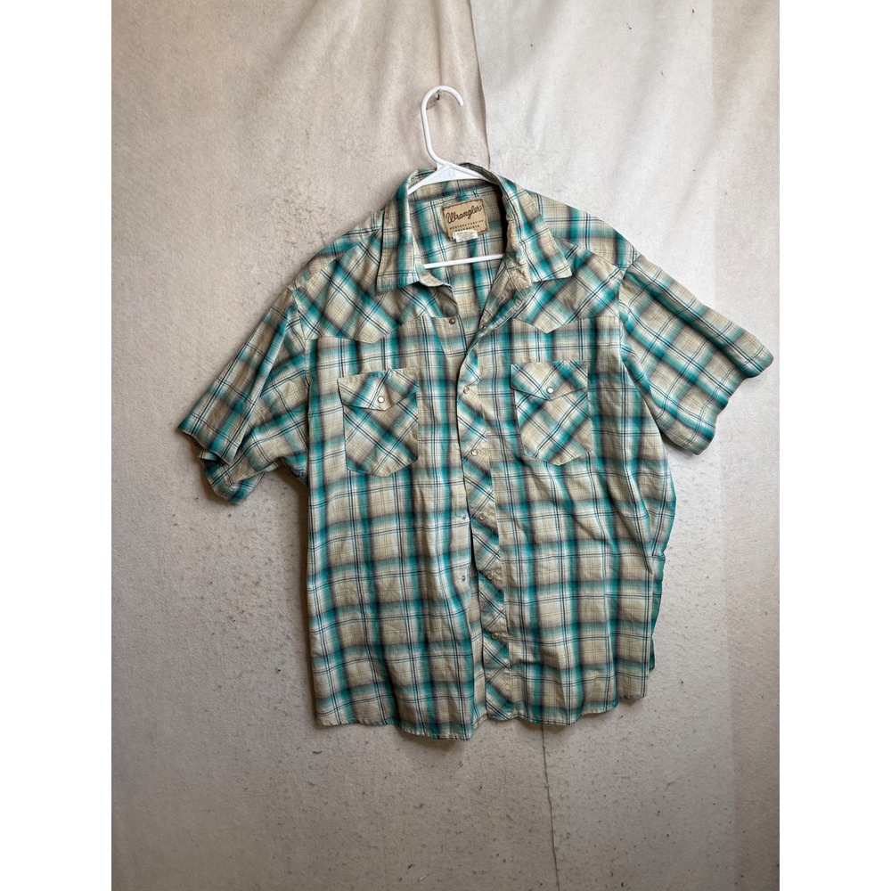 Wrangler Western Fashion Snap Shirt Mens 2XL Teal Tan Plaid Short Sleeve WM166KH